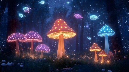 Naklejka premium A magical forest filled with glowing mushrooms, ethereal mist, and floating luminescent creatures