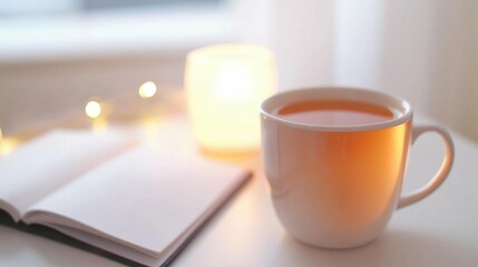 Warm ambiance with glowing candle and hot beverage in cozy setting