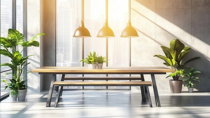 Modern Minimalist Dining Area with Natural Light and Green Plants