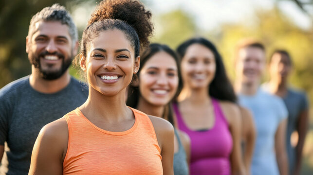 Outdoor fitness boot camp participants smiling and engaged in group exercises in a park during daytime - Powered by Adobe