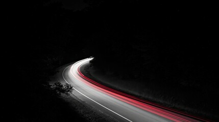 Curved road at night with red light trails and dark background