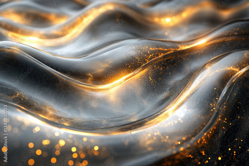 Poster abstract image of flowing, luminous waves with golden sparkles, creating a luxurious and elegant fee