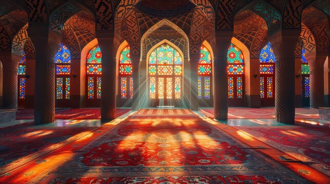 A large room with stained glass windows and a red carpet