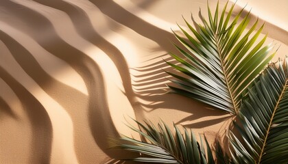 minimalist tropical background with palm leaves and shadows on warm sand with copy space