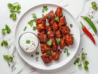 Appetizing tandoori chicken tikka pieces served with creamy mint dip and chilli on marble background food photography