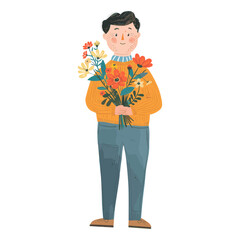 Happy man with flower bouquet flowers illustration character vector