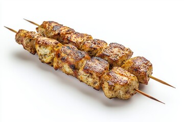 Two chicken skewers on white background presenting delicious grilled cubes of meat cooked and seasoned with aromatic spices