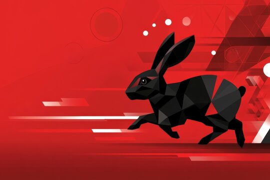 A sleek geometric depiction of a rabbit hopping, with bold shapes and sharp contrasts, symbolizing simplicity and motion