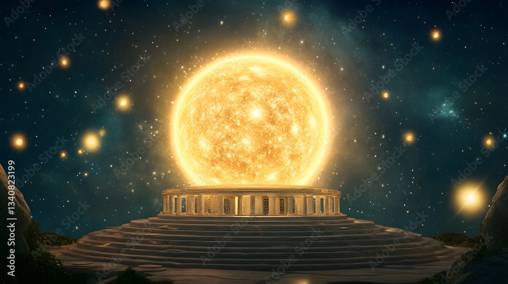 Wall mural a cosmic temple with floating platforms orbiting a giant glowing celestial orb at its center