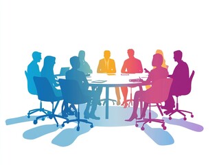 Flat design team meeting scene featuring silhouette figures gathered around a circular table, complemented by pastel color blocks and ample white space. Ideal for themes of collaboration