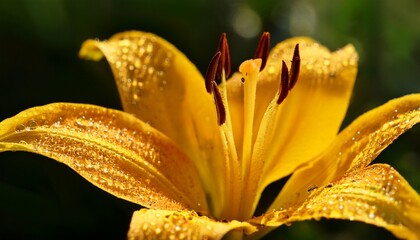 close up of dewy yellow lily with water droplets on petals and stamens