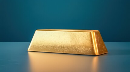 A shiny gold bar resting on a smooth surface against a solid blue background, symbolizing wealth and luxury.