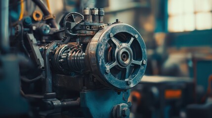 Fototapeta premium Industrial factory engine close-up, workshop background, maintenance