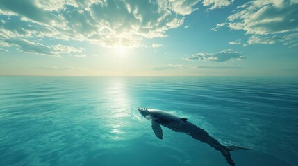 Fototapeta premium Whale swimming ocean sunset cloudy sky nature peace