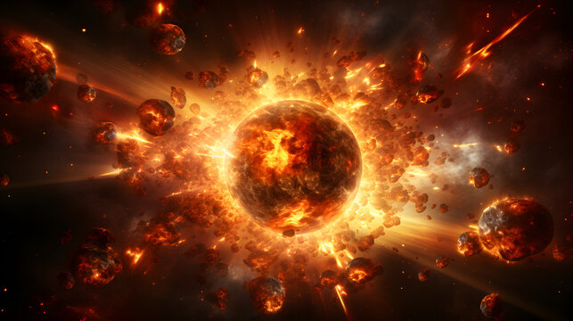Explosive fire and rocks erupting dramatically in an intense scene captured in an infographic representing periapsis and apoapsis dynamics in space.