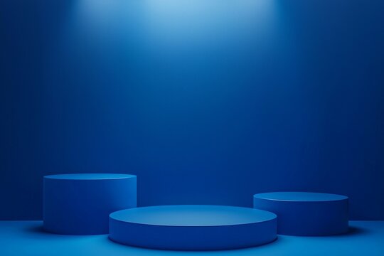 Blue background, three blue circular podiums of different heights and shapes on the right side, simple composition, minimalist style