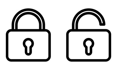 Lock icons. Black outline lock. Closed lock and open lock. Security symbol. Simple vector icons. Line art style.