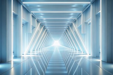 Obraz premium Surreal 3D White Geometric Corridor with Light Beams: Abstract Architecture Background