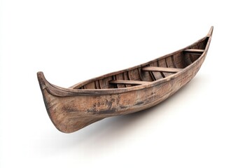 A wooden canoe isolated on a white background, showcasing its handmade craftsmanship, paddles, and cultural heritage