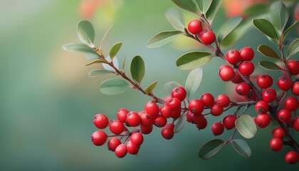Fototapeta premium red berries against muted green background with stems and branches cotoneaster color palette autumnal