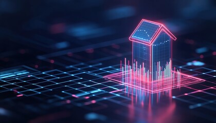 Digital house model real estate data visualization technology financial growth market analysis investment futuristic 3D rendering urban development