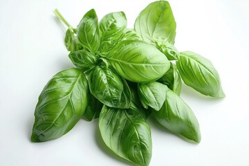 Obraz premium Fresh aromatic basil leaves lying on a white background perfect ingredient for Italian cuisine culinary delight food concept