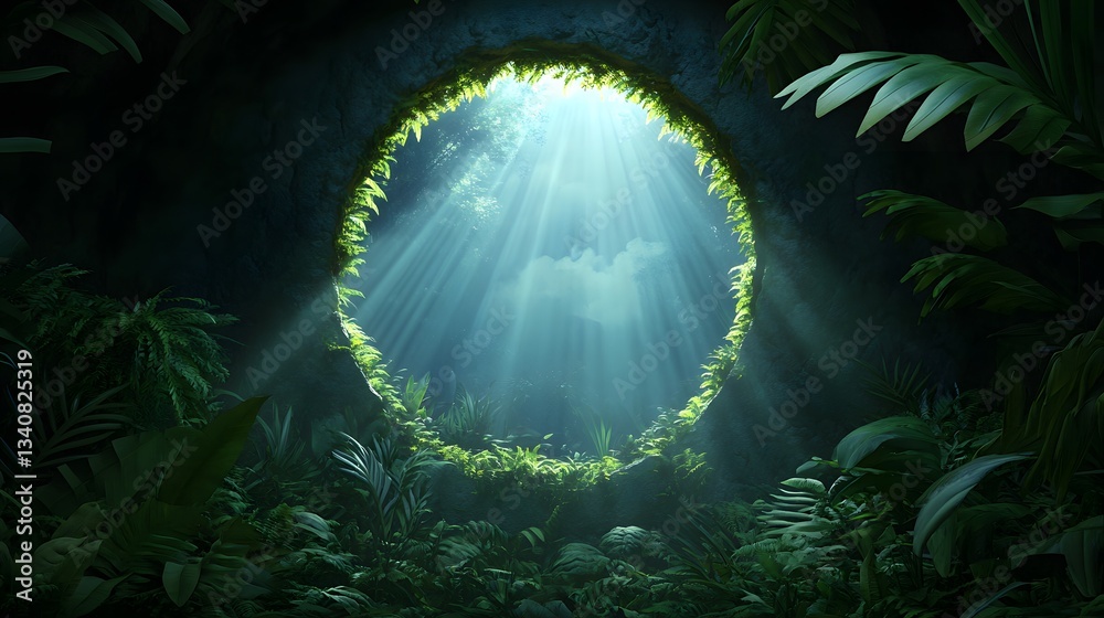 Poster a portal opening in the middle of a dense jungle, revealing another dimension with floating islands