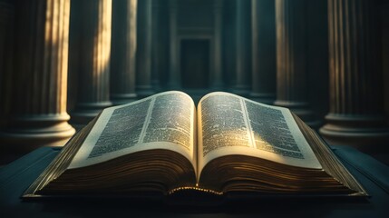 Open ancient book, grand hall, pillars, sunlight, legal, religious context