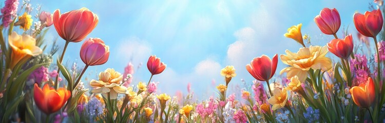 Obraz premium Colorful spring flowers like tulips and daffodils in the meadow against a blue sky background with sun rays.