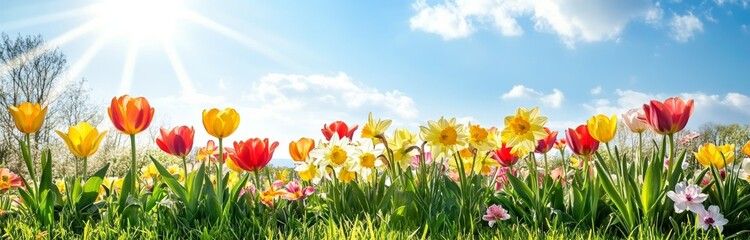 Fototapeta premium Colorful spring flowers like tulips and daffodils in the meadow against a blue sky background with sun rays.
