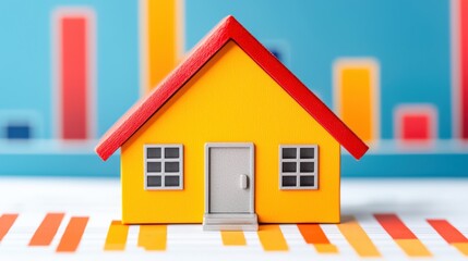 A colorful toy house stands on a vibrant background, symbolizing real estate and housing market trends.