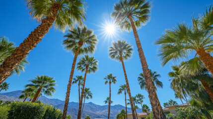 Palm trees sway gently under a bright sun in a clear blue sky over mountains
