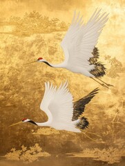 Two white and gold cranes flying in the sky, Ai generated