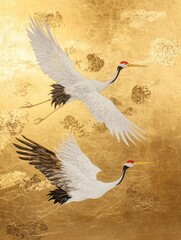 Two white and gold cranes flying in the sky, Ai generated
