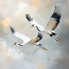 Two white and gold cranes flying in the sky, Ai generated