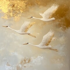 Three white and gold cranes flying in the sky, Ai generated