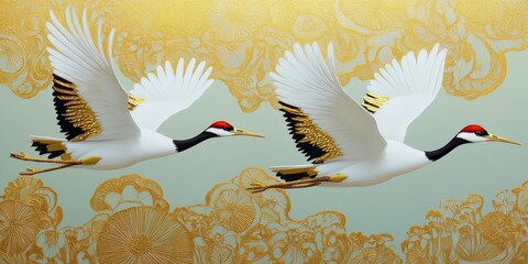 Two white and gold cranes flying in the sky, Ai generated