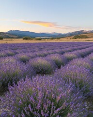 Obraz premium Lavender Field in Bloom at Sunset with Mountains in Background