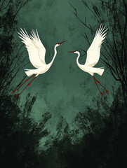 Two white and gold cranes flying in the sky, Ai generated