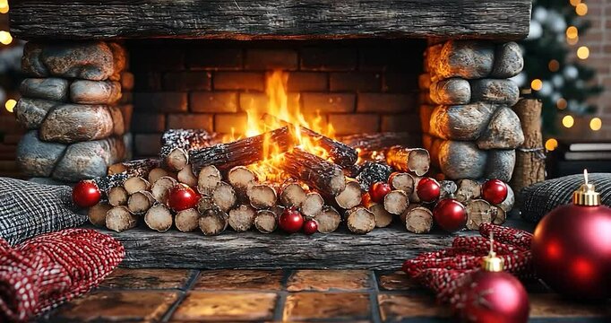 Cozy fireplace scene with burning flames surrounded by red ornaments and log arrangement with textile elements in a warmly lit indoor setting