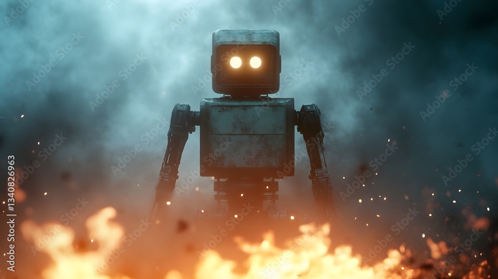 Canvas Prints a massive futuristic robot standing in the middle of a battlefield, surrounded by smoke and destruct