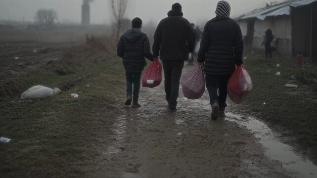 A group of refugees walking on a muddy path carrying plastic bags in a desolate area. Displacement, migration, and the struggle for survival in harsh conditions