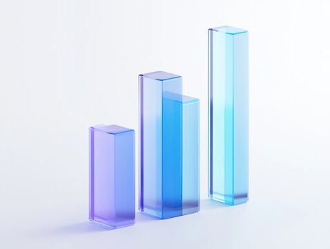 Floating 3D bar charts rendered in gradient blue tones with a transparent acrylic texture, set against a clean white background. Perfect for themes of data visualization