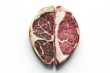 Obraz premium Freshly Cut Aged Steaks on White Background High Angle View Raw Meat Texture Delicious Food Studio Shot