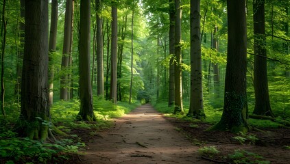 Obraz premium Path Through a Green Forest with Sunlight, Tall Trees, and Lush Foliage. Woodland Scenery in Spring or Summer.