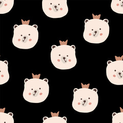 Playful bear faces with crowns in a fun, vibrant pattern. Vector illustration