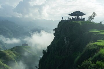 Exploring Asian Rice Terraces and Gazebo Viewpoint on a Misty Mountain