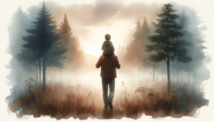 Soft Watercolor of Father and Child in Earthy Tones, Sharing a Joyful Moment in a Sunlit Meadow or Under a Starry Sky, Ideal for Father’s Day Artwork