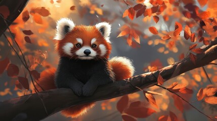 Obraz premium Cute Red Panda in Autumn Tree