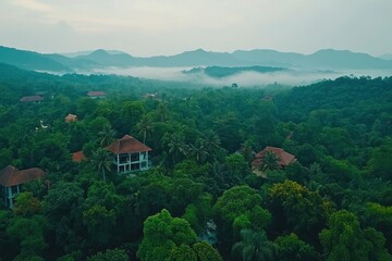 Aerial View of Tropical Jungle with Villas and Mountain Backdrop